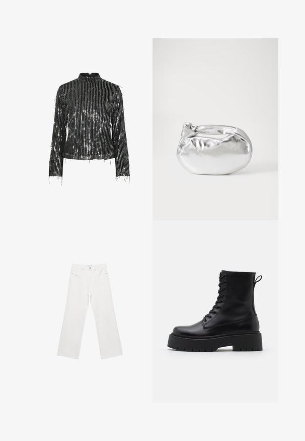 Zwarte lange mouwen top met een hoge hals, versierd met verticale metallic pailletten en franjes, die een structuur en reflecterend oppervlak creëren.; Witte denim wijde broek met een klassiek vijf-pocket ontwerp, metalen hardware en contrasterende stiksels. Soepele textuur en een relaxte pasvorm.; Zwarte leren enkelboots met een ronde neus, vetersluiting aan de voorkant en een dikke rubberen zool met een gestructureerd profiel. Trekbandje aan de achterkant.; Zilveren metalen pouch bag met een zachte, afgeronde vorm en een geknoopte sluiting aan de bovenkant. Gemaakt van soepel faux leren materiaal.; Zilveren hoepel oorbellen met een minimalistisch ontwerp. Cirkelvormig, gladde textuur en dun profiel. Lichtgewicht met een gepolijste afwerking.