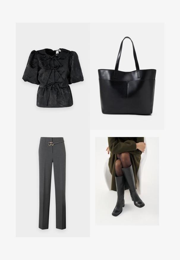 Black top with short puff sleeves, featuring a textured floral pattern and a drawstring waist. Made from a shiny fabric with subtle shimmer.; Dark gray tailored women's trousers with straight legs and a thin matching belt featuring a gold-tone buckle.; Knee-high black leather boots with a squared toe and block heel, shown with a model seated in an olive green coat. Smooth texture, minimal detailing.; Black leather tote bag with two long handles, a smooth texture, and a structured shape. Features a front pocket for additional storage.