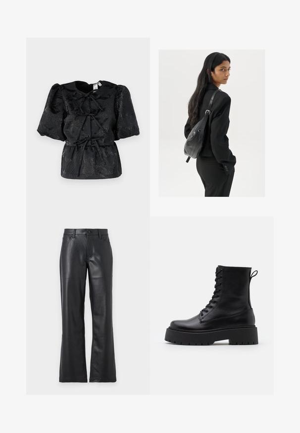 Top nero con maniche a sbuffo corte, caratterizzato da un motivo floreale testurizzato e una vita con cordoncino. Realizzato in un tessuto lucido con un delicato scintillio.; Pantaloni in pelle nera con design a zampa d'elefante, dotati di tasche frontali, passanti per cintura e chiusura a bottone. Texture liscia con cuciture visibili.; Stivaletti in pelle nera alla caviglia con punta rotonda, lace-up frontale e suola in gomma spessa con battistrada textured. Tassello sul retro.; Donna con lunghi capelli scuri, vestita con un completo nero, che porta una borsa a tracolla in pelle nera, mentre guarda oltre la spalla su uno sfondo bianco.