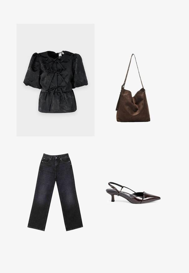 Schwarzes Oberteil mit kurzen Puffärmeln, das ein strukturiertes Blumenmuster und einen Kordelzug in der Taille aufweist. Hergestellt aus einem glänzenden Stoff mit dezentem Schimmer.; Hoch taillierte schwarze Jeans aus Denim mit weitem Bein, Fünf-Taschen-Design und sichtbaren Nähten. Der Stoff hat eine glatte, leicht strukturierte Oberfläche.; Braune Lacklederslingback-Pumpe mit spitzem Zehenbereich, kleinem Blockabsatz, Kreuzriemendesign und dekorativem Schleifendetail auf der Vorderseite.; Braune Wildleder-Hobo-Tasche mit geschwungenem oberen Teil, einem langen Trageriemen mit Punktakzenten und einer weichen Textur. Verfügt über ein lässiges Design für den täglichen Gebrauch.