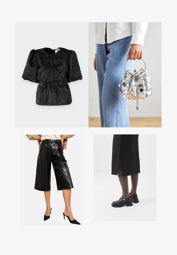 Czarna bluzka z krótkimi bufkowymi rękawami, zdobiona teksturowanym kwiatowym wzorem oraz sznurkiem w pasie. Wykonana z błyszczącego materiału z delikatnym połyskiem.; Czarne kuloty z imitacji skóry z szerokimi nogawkami, z przodu z kaletami i podwyższonym talą na pasku. Gładka faktura o błyszczącym wykończeniu.; Czarne skórzane buty z okrągłym noskiem, grubym blokowym obcasem i elastycznymi akcentami po bokach, zestawione z ciemnymi rajstopami i czarną spódnicą z rozcięciem.; Srebrna torebka typu bucket pokryta cekinami z okrągłą metalową rączką; posiada zapięcie ze sznurkiem oraz akcenty łańcuszkowe, na tle jasnego dżinsu i białej tkaniny.; Srebrne kolczyki w formie obręczy o minimalistycznym designie. Okrągły kształt, gładka faktura i cienki profil. Lekkie, z polerowanym wykończeniem.