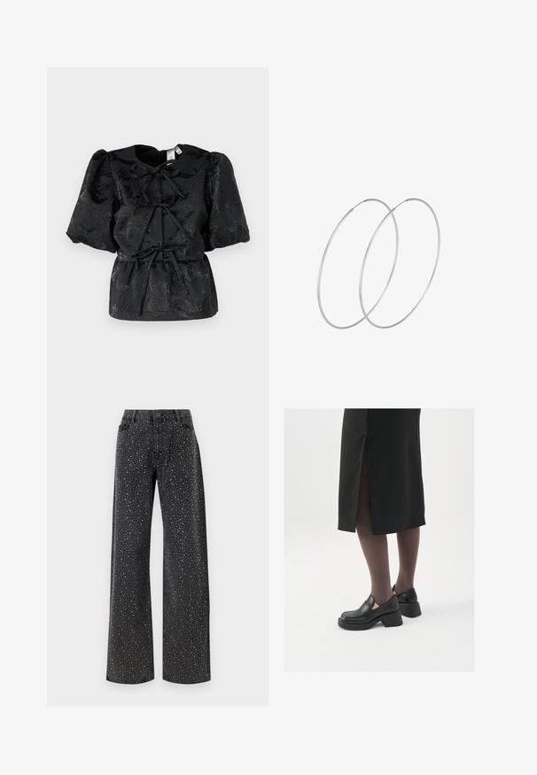 Must mustriga lühikeste puffvarrukatega, millel on tekstuuriga lillemuster ja drawstring talje. Valmistatud läikivast kangast, millel on peen sära.; Noisy May NMJANNEL LOOSE - Avar lõikega teksad - black denim; Mustad mustad jalatsid ümmarguse varbaga, paksu plokkniidi ja elastsete külgdetailidega, kombineeritud tumedate sukkade ja musta lõhikuga seelikuga.; Hõbedased rõngastikkaehingad minimalistlikus disainis. Ümar kuju, sile tekstuur ja õhuke profiil. Kerged ning poleeritud viimistlusega.