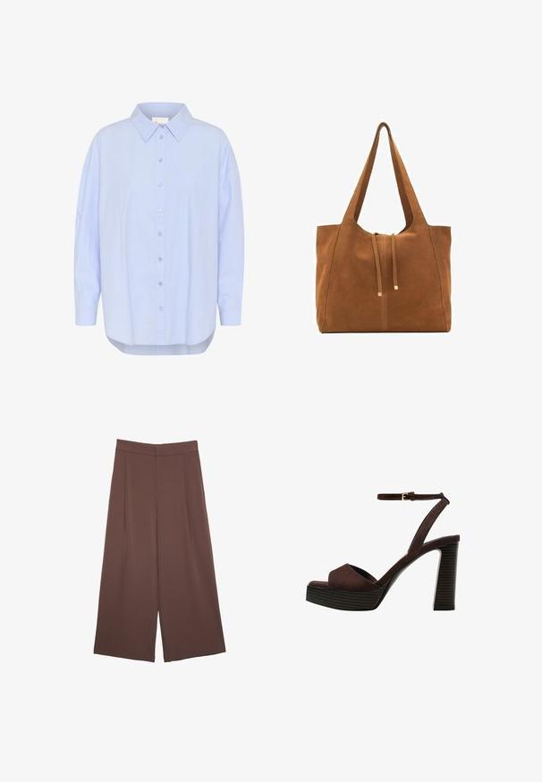 Světle modrá košile na knoflíky s špičatým límečkem, dlouhými rukávy a zakřiveným lemem. Hladká struktura s viditelnými detaily knoflíků.; Hnědé široké kalhoty s hladkou texturou, vysokým pasem a předními záhyby. Materiál je lehký a volně splývá.; Hnědé semišové sandály na vysokém podpatku s otevřenou špičkou, nastavitelným páskem kolem kotníku a proužkovou platformou.; Hnědá semišová taška s dvěma dlouhými popruhy, stahovací šňůrkou a minimalistickým designem. Hladký povrch a žádné viditelné kovové akcenty.