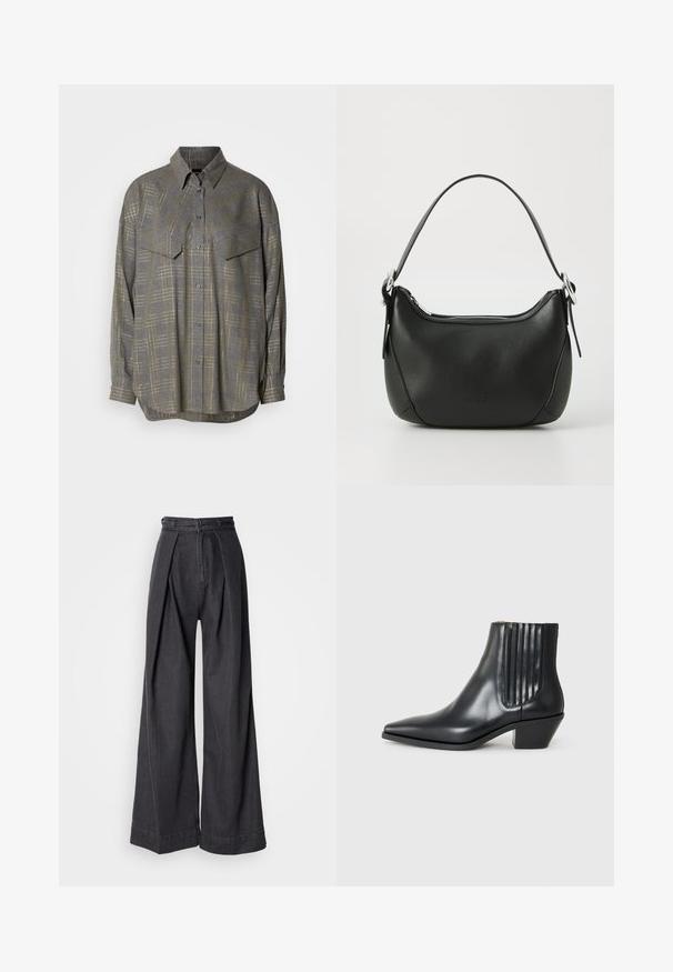 Grijze button-up shirt gemaakt van textuurstof, met een ruitpatroon in lichtere tinten, een kraag en twee borstzakken.; Grijze mouwloze coltrui, nauwsluitende pasvorm, geribbelde textuur, zachte stof, met hoge hals en stijlvolle schouderuitsparingen.; Zwarte denim broeken met wijde pijpen en een hoge taille, voorzien van voorplooien en een klassieke ritssluiting. Strakke, gladde textuur met een nette afwerking.; Zwarte leren enkellaars met spitse neus, elastische zijpanelen met verticale groeven en een lage blokhak. Glad oppervlak en slank ontwerp.; Zwarte leren handtas met een gebogen vorm, zilveren rits en een korte handgreep. Bevat een subtiel logo aan de voorkant en een gladde textuur.