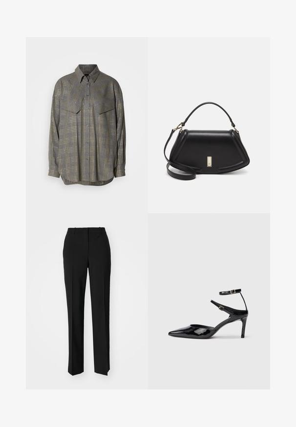 Gray button-up shirt made of textured fabric, featuring a grid pattern in lighter shades, a collar, and two chest pockets.; Black tailored trousers with a straight-leg design, featuring a smooth texture and crisp creases along the front. No visible hardware.; Black patent leather heels with a pointed toe, adjustable ankle straps, and a slender heel. Smooth texture with a shiny finish.; Black leather handbag with a structured design, featuring a cropped shape, top handle, and gold hardware accent. Adjustable shoulder strap included.