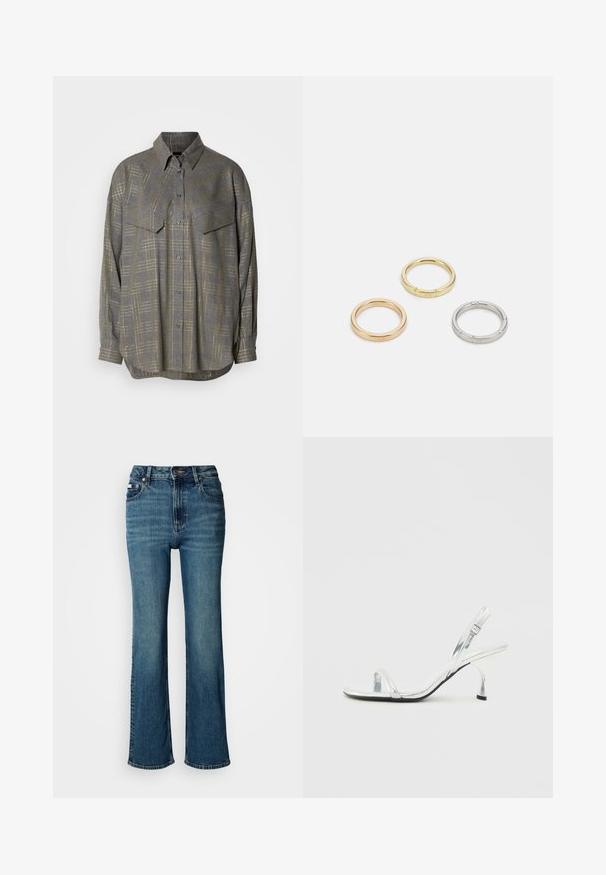 Halli halliga nööbitav särk, mis on valmistatud tekstureeritud kangast, omab heledamates toonides ruudumustrit, kaelust ja kahte rinnataskut.; Kõrge vöökohaga sinised teksad, mis on valmistatud denimist, sirge jalaga disain, kerge pleekimine ning tavaline nööp ja tõmblukk.; Hõbe patendiga nahast slingback kõrgendatud sandaal kitsase varbaga rihmaga, reguleeritava pandla ja saleda kontsaga.; Kolme metallist rõngast: üks roosa kuld, üks kuld tekstuursete aktsentidega ja üks hõbe, kõik sisepoolt graveeritud brändinguga.