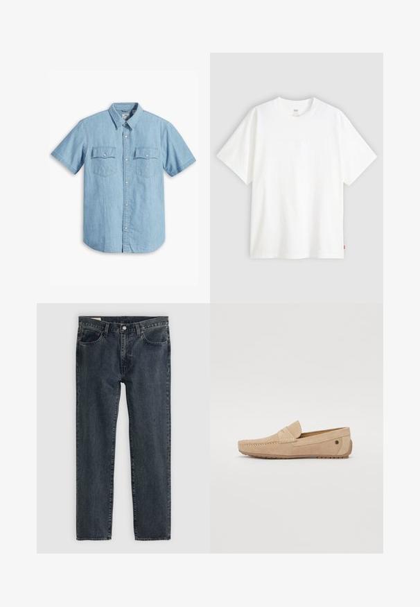 Gai zila īsām piedurknēm pogājamā krekla, kas izgatavots no denima, ar divām krūšu kabatām ar vertikālu šuvumu un klasisku apkakli.; Balta īslaicīga T-krekla ar īsām piedurknēm, kas izgatavots no kokvilnas, ar apaļu kakla izgriezumu. Priekšpusē ir smalks reljefs ar logotipu un sarkans birka apakšmalā.; Tumši zili džinsi ar taisnu kāju dizainu, pieci kabatas un pogu aizdare. Audums rāda vieglu izbalēšanu un faktūru.; Jack & Jones JFWJENSEN - Mokasīni - moonbeam