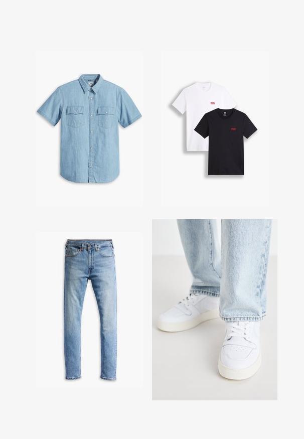 Jasnoniebieska koszula z krótkim rękawem na guziki, wykonana z denimu, z dwiema kieszeniami na piersi z pionowymi szwami oraz klasycznym kołnierzykiem.; Dwie koszulki z krótkim rękawem: jedna biała, a druga czarna. Obie wykonane z bawełny z czerwonym logo Levi's na piersi. Prosty design z okrągłym dekoltem.; Jasnoniebieskie dżinsy o prostym kroju, pięć kieszeni, zapięcie na guzik i delikatne przetarcia na materiale.; Białe skórzane sneakersy niskie z perforowanym noskiem, płaskimi sznurowadłami i minimalistycznym designem. Połączone z jasnoniebieskimi dżinsami.