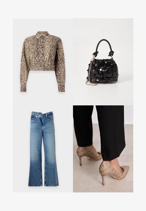 Krótkia koszula w beżowym kolorze z brązowym wzorem zwierzęcym, długie rękawy, zapięcie na guziki z przodu oraz ozdobne detale kołnierza. Miękka tekstura tkaniny.; Jasnoniebieskie dżinsy o fasonie dzwonów z wysokim stanem, z dwiema guzikami i kieszeniami z przodu. Materiał ma wyblakłą fakturę z subtelnymi odcieniami.; Beżowe szpilki z teksturowanej tkaniny z powtarzającym się wzorem. Spiczasty krój z tylnym akcentem i złotym detalem na obcasie.; Czarna mini torebka z cekinami, z węzłowym, teksturowanym paskiem i srebrnym łańcuchem. O zaokrąglonym kształcie z marszczoną górą i refleksyjnymi detalami.