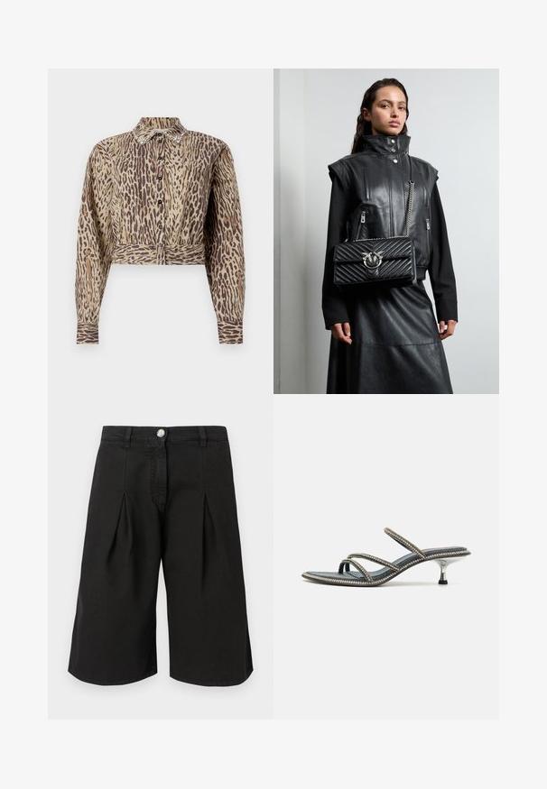 Skraćena bež košulja s smeškastim životinjskim uzorkom, dugih rukava, dugmeta sprijeda i ukrašenim detaljima oko ovratnika. Mekana tekstura tkanine.; Crne kratke hlače do koljena od cotton mješavine. Imaju nabore, prednje dugme za zatvaranje i klasičan dizajn struka.; Denimske sandale s tri tanke trake ukrašene rhinestones, šiljastim vrhom i metalnim, stiletto petama. Osnova otporna na klizanje.; Crna kožna prsluk s visokim ovratnikom, zatvorenim džepovima i crnom kviltanom torbicom s srebrnim detaljima, uparen s dugom crnom suknjom.
