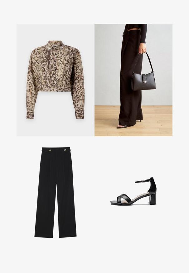 Smėlio spalvos sutrumpinta palaidinė su ruda gyvūnų raštu, ilgomis rankovėmis, mygtukų užsegimu priekyje ir puošniais apykaklės detaliais. Minkšta audinio tekstūra.; Juodi plačios kojos kelnės su aukštu liemeniu, sagų detalėmis ant liemens ir priekinėmis raukšlėmis.; Juodos atviros pirštų aukštakulnės šlepetės su kryžminėmis dirželiais, reguliuojamu kulkšnies dirželiu ir masyviu kulnu, pasižyminčios lygaus odos tekstūra.; Juodas rankinė struktūrizuota forma, lygi tekstūra ir metalinis užsegimas. Suporuota su plačiomis juodomis kelnėmis ir atvirais bateliais ant medinių grindų.