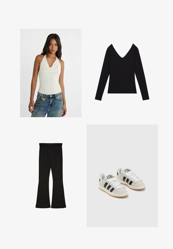 White sleeveless bodysuit with draped cowl neckline, paired with light blue baggy denim jeans featuring a heart-shaped charm on the belt loop.; Black long-sleeve top with a ribbed texture and deep V-neck design, featuring fitted sleeves and a straight hem. Material is stretchable fabric.; Black flare leggings made from stretchy fabric. Features a wide waistband and a smooth texture, with a fitted silhouette that flares at the hem.; Gray suede sneakers with white laces, black stripes, and a white rubber sole. Features a circular logo on the tongue and a gum sole.