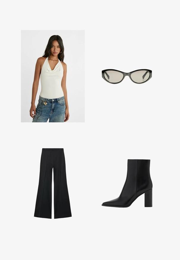 Vit ärmlös bodysuit med draperad halsringning, kombinerad med ljusblå baggy denimjeans med ett hjärtformat hängsmycke på bältesöglan.; Svarta vida byxor med en slät textur, med framfickor och skräddarsydd design. Tyget är lätt och flödande.; Svart läderankelboot med spetsig tå, fyrkantig klack, slät yta och sömnadsdetaljer längs sömmarna. Klacken mäter cirka 8,9 cm.; Svarta cat-eye solglasögon med gråtonade linser. Plastbågen har skarpa kanter och en slät, blank yta.