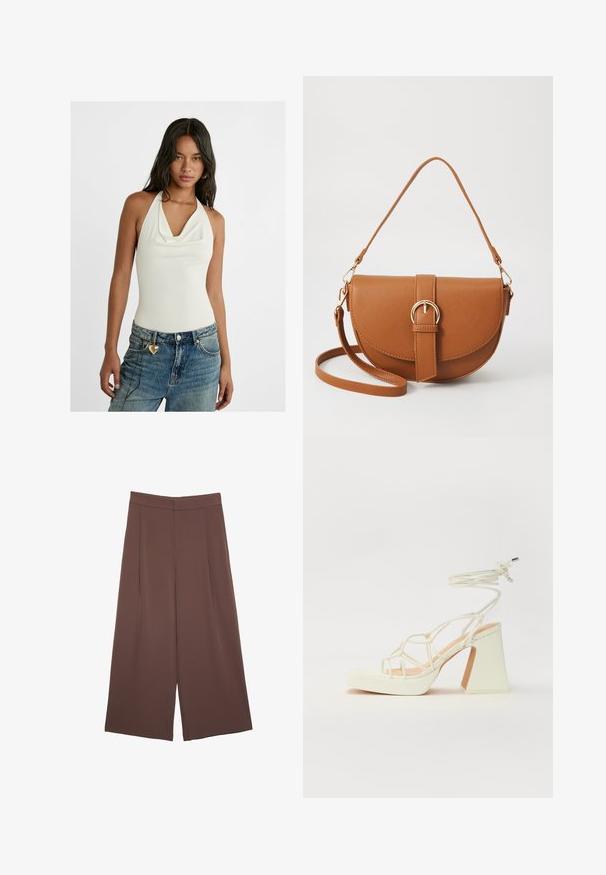 Bela brezrokavna bodysuit z drapirano cowl izrezom, v kombinaciji z svetlo modrimi ohlapnimi denim hlačami, ki imajo pri zanki za pas srčkast obesek.; Rjave široke hlače z gladko teksturo, ki imajo visok pas in sprednje naborke. Tkanina je lahka in prosto pada.; Bela sandala na visokih petah s debelim petam, ki ima obliko trakcev in vezanje okoli gležnja. Gladka tekstura z platformo spredaj za dodatno višino.; Rjava usnjena torbica prek telesa s ukrivljeno obliko, zlate opreme in sponko. Ima odstranljiv naramni trak.