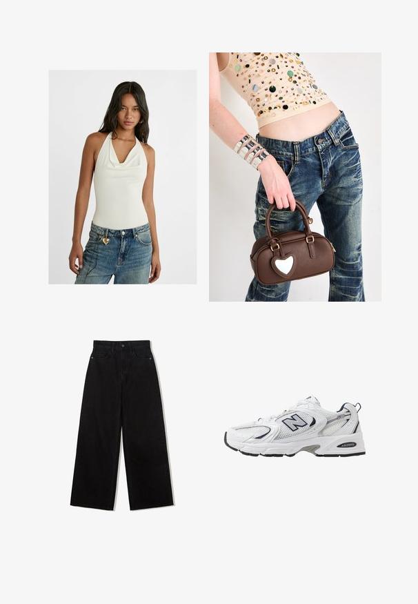 Weißer ärmelloser Bodysuit mit drapierter Wickel-Ausschnitt, kombiniert mit hellblauen, lockeren Denim-Jeans, die an der Gürtelschlaufe einen herzförmigen Anhänger haben.; Schwarze, weit geschnittene Jeans aus Denim mit hoher Taille, die ein Fünf-Taschen-Design und einen einzelnen Knopfverschluss vorne aufweist.; Weißer Sportschuh mit Mesh-Obermaterial, navyblauen Akzenten und gepolsterter Sohle. Verfügt über das "N"-Logo, Schnürsenkel und eine strukturierte Detailverarbeitung an der Seite.; Braune Ledertasche mit herzförmigem Akzent, abgerundetem Design, goldenen Beschlägen, gehalten von einer Hand; kombiniert mit verwaschenem Denim und einem bestickten Top.