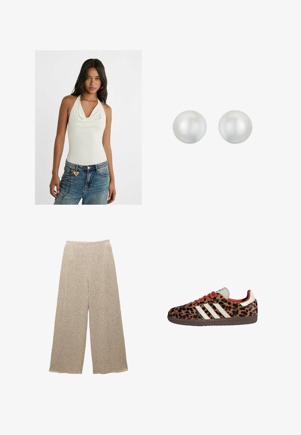 Body bianco senza maniche con scollo drappeggiato, abbinato a jeans in denim azzurro chiaro dal taglio baggy con un ciondolo a forma di cuore sull'anello della cintura.; Pantaloni beige a gamba larga realizzati in un tessuto testurizzato con un motivo sottile. Presentano una vita rilassata e una vestibilità ampia, offrendo comfort e facilità.; Sneaker con stampa leopardata in materiale scamosciato, lacci rossi e tre strisce bianche sui lati. Presentano una linguetta di colore crema e una suola marrone.; Orecchini a perla rotonda e bianca con una superficie liscia e lucida. Ogni perla presenta una leggera lucentezza e una forma uniforme, adatta per occasioni formali.