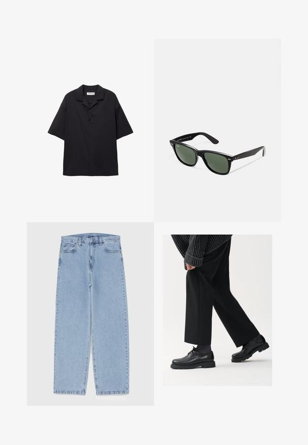 Košile s krátkým rukávem, černá, vyrobená z hladkého materiálu, s skládacím límečkem a volným střih. Obsahuje pět předních knoflíků a žádné vzory.; Světle modré džíny s rovnými nohavicemi, středním pasem, pěti kapsami a zapínáním na knoflík a zip.; Černé kožené boty s kulatou špičkou, šněrovací design a silnou strukturovanou podrážkou. Noseny s dobře padnoucími černými kalhotami a žebrovaným svetr.; Černé plastové sluneční brýle se zelenými skly, čtvercové obroučky, stříbrný detail na obočí a texturované stranice. Značka uvedená na vnitřní straně stranic.; Kovové quartz hodinky se stříbrným nerezovým páskem, kulatým černým ciferníkem, bílými ukazateli hodin a datem zobrazeným na pozici 3 hodin. Voděodolné do 50 m.