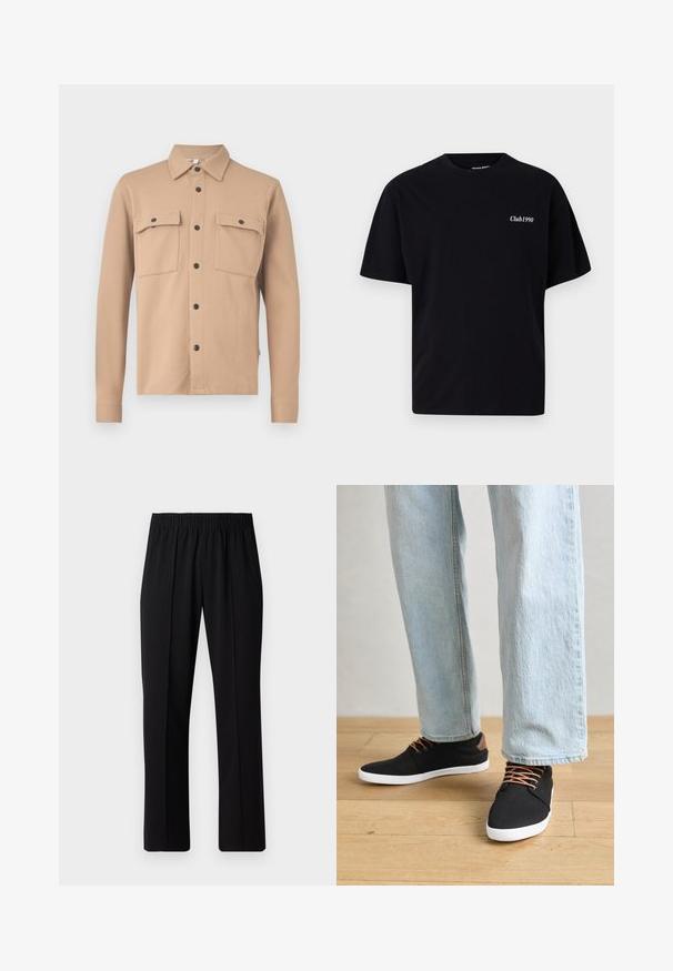 Gai krēmkrāsas krekliņš-jaka, izgatavota no teksturēta auduma, ar norādītu apkakli, garām piedurknēm, divām krūšu kabatām un melniem spiedpogu pogām.; Melna kokvilnas t krekls ar apaļu kakla izgriezumu un īsām piedurknēm. Kreklam ir balta uzraksts "Club1990" kreisajā krūtīs. Vienkāršs, bez rotājumiem dizains.; Melni elastīgi bikses ar taisnas kājas dizainu, ar gludu tekstūru un bez redzamām zīmēm vai detaļām.; Melnas auduma čības ar brūniem akcentiem, baltām gumijas zolēm un brūnām šņorēm, kombinētas ar gaiši ziliem taisnajiem džinsiem. Koka grīdas fons.