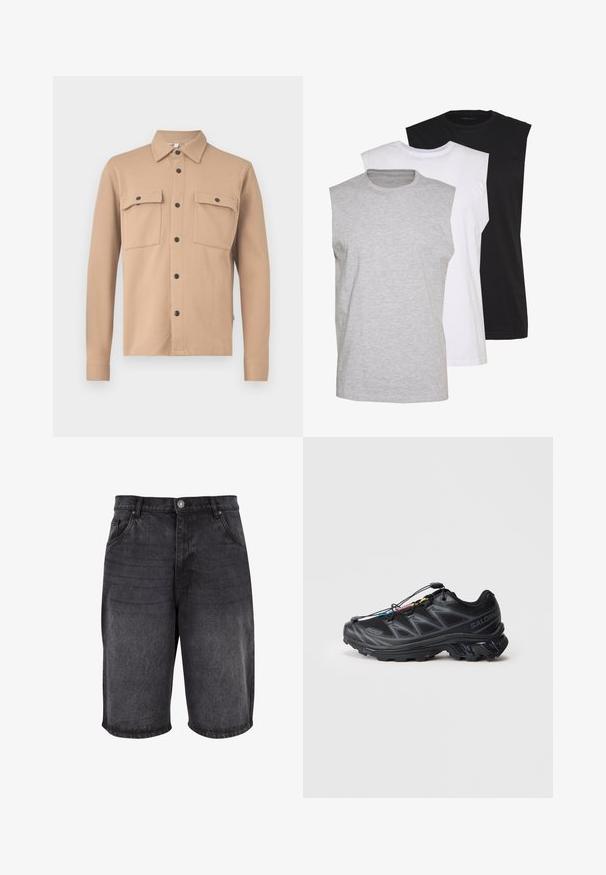 Lys beige skjortejakke laget av teksturert stoff, med spiss krage, lange ermer, to brystlommer og svarte trykknapper.; Tre sleeveless t-skjorter i grått, hvitt og svart. Mykt bomullsmateriale med rund hals og avslappet passform. Enkel design, uten mønstre.; Svarte denimshorts med avslappet passform, fem lommer og knappelukking. Stoffet har en glatt tekstur med subtil fading.; Svart idrettssko med teksturert mesh-overdel, forsterket tå og hurtiglissesystem. Har en robust såle og lett hælheving.