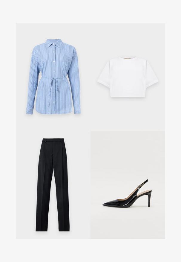 Blúzka na gombíky v svetlom modrom odtieni s bielymi vertikálnymi pruhmi. Obsahuje golier, dlhé rukávy a stiahnuteľný pás pre tvarovanie.; Strihnuté biele tričko vyrobené z mäkkej látky, s krátkymi rukávmi, okrúhlym výstrihom a rebrovanými detailmi na lemovaní. Jednoduchý a nezdobený dizajn.; Čierne nohavice vyrobené z hladkej látky s vysokým pásom, širokými nohavicami, prednými záhybmi a klasickými pútkami na opasok. Žiadne bočné vrecká nie sú viditeľné.; Čierne lakované kožené slingback lodičky s špicatou špičkou, štíhlým podpätkom a jemným výrezom. Obsahuje zlatú pracku na remienku.