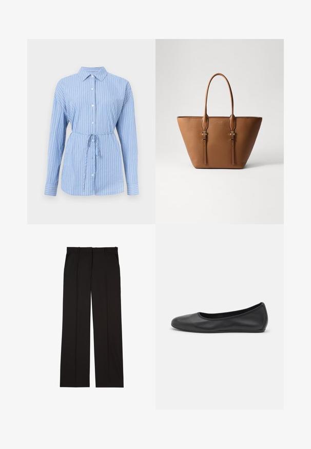 Knapp-up skjorte i lyseblå med hvide vertikale striber. Har krave, lange ærmer og en snoretræk i taljen for formgivning.; Sorte skræddersyede bukser lavet af et glat stof, med et lige ben-design og to sidelommer. Elegant og minimalistisk konstruktion.; Sort læderballetsko med rund tå, glat tekstur, minimal syning og et fleksibelt såldesign.; Brun læder tote bag med struktureret overflade, skrå form, to robuste håndtag og dekorative hardware accenter i guld-tone.