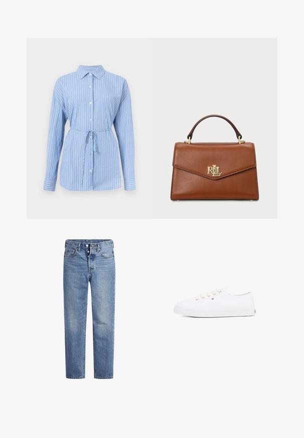 Blouse met knoopsluiting in lichtblauw met witte verticale strepen. Bevat een kraag, lange mouwen en een koord in de taille voor een figuurvormend effect.; Lichtblauwe spijkerbroek met een rechte snit, vijf zakken en een knoopsluiting. Heeft subtiele vervaging en oranje stikselaccenten.; Witte canvas sneaker met gouden veterogen, platte veters, gestructureerde rubberen zool en minimalistische branding aan de zijkant. Laagprofiel ontwerp.; Bruine leren handtas met een gestructureerd ontwerp, een bovenhandgreep, gouden hardware en een logo-accent aan de voorkant. Gladde textuur.