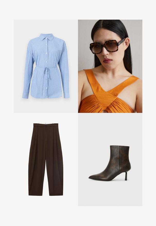Button-up blouse in light blue with white vertical stripes. Features a collar, long sleeves, and a drawstring waist for shaping.; Brown high-waisted trousers with pleats, made of smooth fabric. Loose fit, straight leg design, featuring belt loops and a zip fly.; Brown leather ankle boot with a pointed toe, sleek design, and a thin black heel. Textured surface with a subtle pattern.; Brown tortoiseshell oversized sunglasses with a wide rectangular frame and gradient lenses. Gold logo detail on the side.
