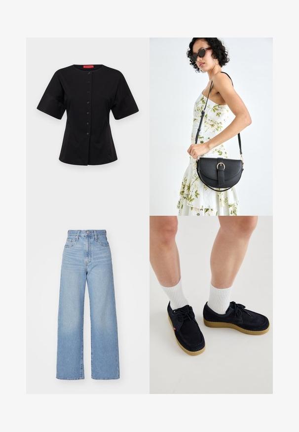 MAX&Co. ROSALBA - Camicetta - schwarz; Jeans a vita alta blu chiaro con gamba larga, chiusura frontale con bottone e zip, tasche anteriori e posteriori, su uno sfondo bianco.; Scarpe in suede blu navy con punta rotonda, design con lacci e suola in gomma color crema. Abbinato a calzini bianchi a coste.; Borsa a tracolla nera in pelle con una forma curva, manico rimovibile e accessori dorati. La borsa presenta una patta con un dettaglio a fibbia.