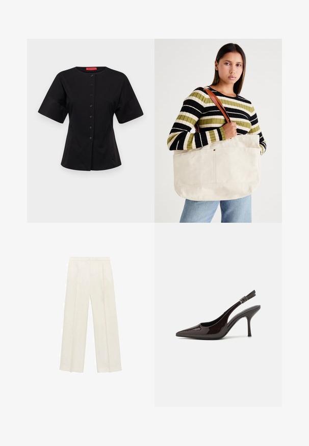 MAX&Co. ROSALBA - Bluse - schwarz; Weit geschnittene Hosen in einem hellen cremefarbenen Farbton. Hergestellt aus einem glatten Stoff mit Falten an der Vorderseite und seitlichen Taschen.; Slingback-Pumps aus glänzendem dunklen braunen Lackleder, mit spitzer Zehenpartie, offenen Seiten und verstellbarem Knöchelriemen.; Große beige Leinen-Totetasche mit braunen Ledergriffen, die ein minimalistisches Design und sichtbare Nähte aufweist.