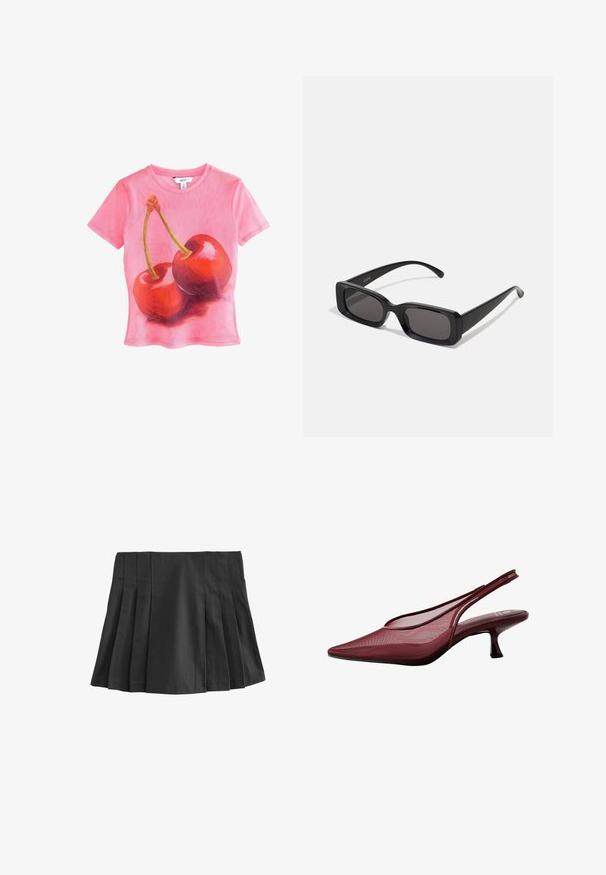 Ružové tričko s krátkym rukávom so grafikou dvoch lesklých červených čerešní so zelenými stopkami, vyrobené z ľahkého, priesvitného materiálu.; Čierna mini sukňa so skladaním a elastickým pásom. Vyrobená z hladkej tkaniny, s viacerými vertikálnymi skladmi pre textúru a dizajn.; Bordové lodičky na opätku so špicatou špičkou a sieťovaným vrchom. Majú subtilný opätok a výrezový dizajn, ktorý poskytuje elegantný siluet.; Čierne obdĺžnikové slnečné okuliare s tmavými šošovkami, lesklým povrchom, širokými ramenami a robustným rámovým dizajnom. Vygravírované meno značky na jednom ramene.