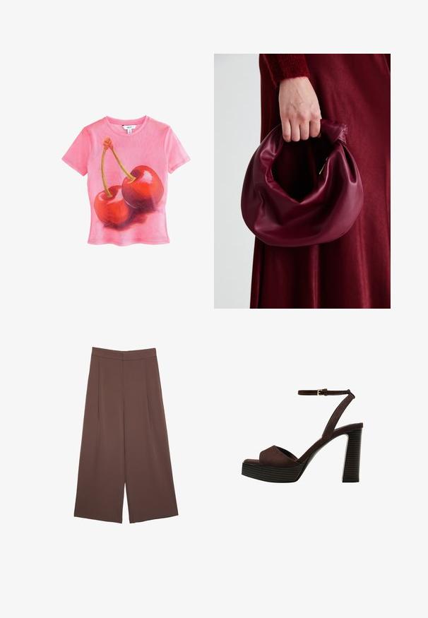 T-shirt rosa a maniche corte con una grafica di due ciliegie rosse lucide con steli verdi, realizzata in un materiale leggero e trasparente.; Pantaloni ampi marroni con una texture liscia, caratterizzati da una vita alta e pieghe frontali. Il tessuto è leggero e scorre liberamente.; Sandal in camoscio marrone con tacco alto, punta aperta, cinturino alla caviglia regolabile e suola a piattaforma striata.; Borsa in pelle bordeaux con un design morbido e arricciato e una forma arrotondata. Il manico è fissato, mostrando una texture liscia.