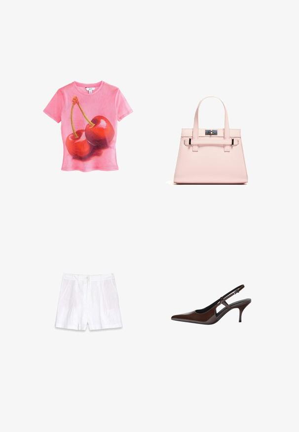 Rosa kortärmad t-shirt med en grafik av två glansiga röda körsbär med gröna stjälkar, tillverkad av ett lätt, transparent material.; Vita linshorts med plisserad front, sidfickor och uppvikta fållar. Har en knappstängning i midjan för en säker passform.; Bruna patenterade läderslingback pumps med spetsig tå, öppna utskärningar och en tunn klack. Har ett justerbart spänne.; Rosa strukturerad handväska gjord av texturerad läder, med två ovankantshandtag, ett låsutförande och kontrasterande metallaccenter.
