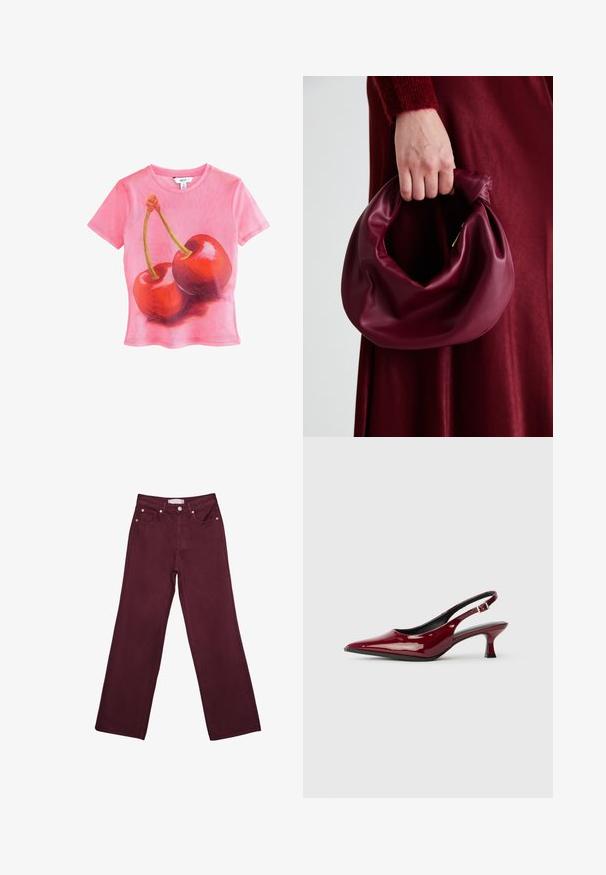 T-shirt rosa a maniche corte con una grafica di due ciliegie rosse lucide con steli verdi, realizzata in un materiale leggero e trasparente.; Jeans bordeaux a vita alta con design a gamba dritta, dotati di tasche frontali, chiusura con bottone e rifiniture in tono rame.; Décolleté in pelle verniciata bordeaux con punta affusolata e tacco a spillo elegante. Design aperto sul retro con dettaglio della fascia alla caviglia regolabile.; Borsa in pelle bordeaux con un design morbido e arricciato e una forma arrotondata. Il manico è fissato, mostrando una texture liscia.