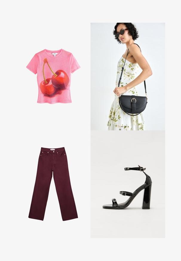 Pink short-sleeve T-shirt featuring a graphic of two glossy red cherries with green stems, made from a lightweight, sheer material.; Burgundy high-waisted jeans with straight leg design, featuring front pockets, a button closure, and copper-tone hardware accents.; Black patent heeled sandals with a square toe, ankle straps, and silver buckles. Features a chunky block heel for stability.; Black leather handbag with a curved shape, detachable strap, and gold hardware. The bag features a flap with a buckle detail.