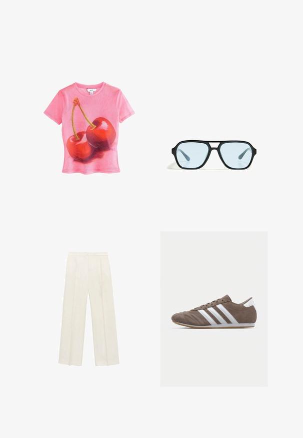 Rosa T-Shirt mit kurzen Ärmeln, das ein grafisches Motiv von zwei glänzenden roten Kirschen mit grünen Stielen zeigt, aus leichtem, transparentem Material gefertigt.; Weit geschnittene Hosen in einem hellen cremefarbenen Farbton. Hergestellt aus einem glatten Stoff mit Falten an der Vorderseite und seitlichen Taschen.; Braune Wildleder-Sportschuhe mit weißen Streifen, runder Zehenform, Schnürdesign und Gummisohle. Strukturiertes Obermaterial mit Nahtdetails.; Schwarze Sonnenbrille mit rechteckigen Fassungen, blaufarbenen Gläsern und einem markanten Brückendesign. Schlanke Oberfläche, dezente Textur.; Taupe strukturiertes Lederhandtasche mit oberem Griff, verstellbarem Schulterriemen und dekorativem Knoten-Detail auf einem sauberen weißen Hintergrund.