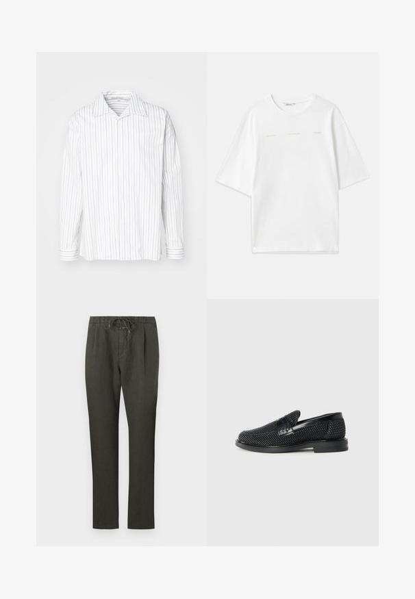 Hosszú ujjú, fehér ing, keskeny, függőleges szürke csíkokkal, hegyes gallérral és mandzsettákkal, amelyek azonos csíkos mintázattal rendelkeznek.; Fehér pamut póló, oversize fazonban, kerek nyakkal, rövid ujjakkal és világos bézs nyomtatott szövegekkel. Sima textúra.; Sötétszürke vászon nadrág, húzózsinórral a deréknál. Egyenes szabás, könnyű anyag, minimális részletezés, sima textúra.; Fekete szőtt slip-on cipő sima bőr díszítéssel a felsőrészen, kerek orral és alacsony profilos gumitalppal.