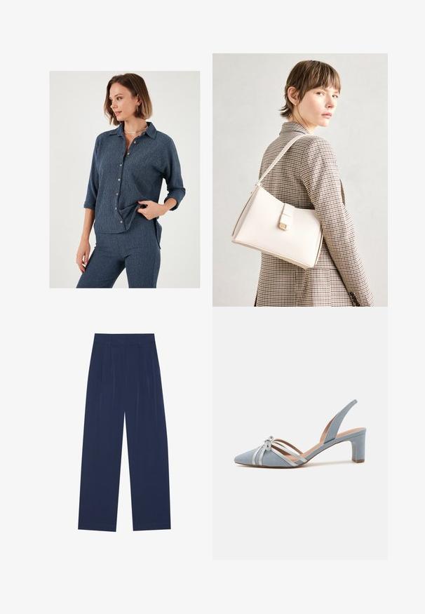 Marineblå knapp-up skjorte med en afslappet pasform, tekstureret stof og oprullede ærmer. Har kontrastknapper og en krave.; Marineblå bredbenede bukser lavet af blød stof, med frontfolder, en glat tekstur og en lige pasform uden synlige lommer.; Sko med spids tå og slingback i lyseblå ruskind med sølvdetaljer og stropper, der har en lav blokhæl og dekorativ sløjfedetalje.; Hvid læder håndtaske med en struktureret design, der har en magnetlukning og en skulderrem, præsenteret mod en neutral baggrund.