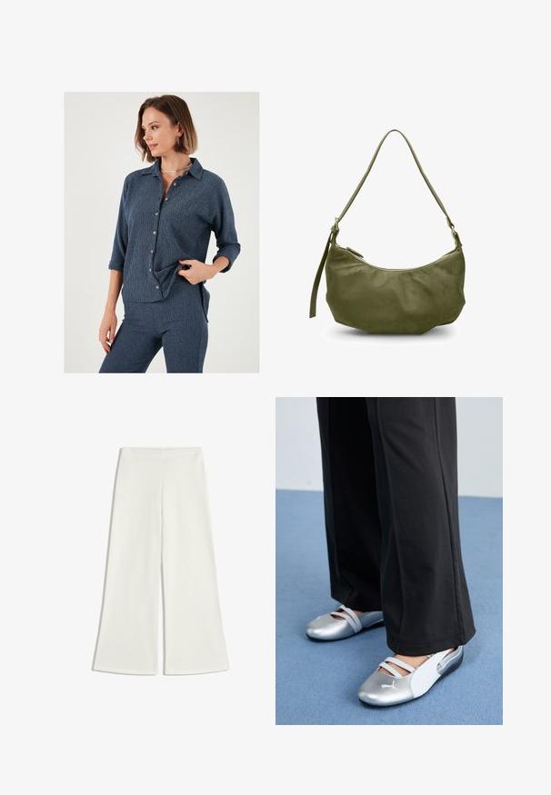Camicia button-up navy con vestibilità rilassata, tessuto strutturato e maniche arrotolate. Presenta bottoni a contrasto e colletto.; Pantaloni a gamba larga bianchi realizzati in tessuto morbido. Presentano una vita alta e nessuna cucitura visibile, creando una silhouette pulita.; Scarpe piatte argento e bianche con cinturini incrociati e dettagli testurizzati, abbinate a pantaloni neri larghi. Ambientate su un pavimento blu.; Borsa a spalla in pelle verde oliva con forma curva, chiusura con zip e tracolla regolabile. Texture liscia con minimi dettagli in metallo.