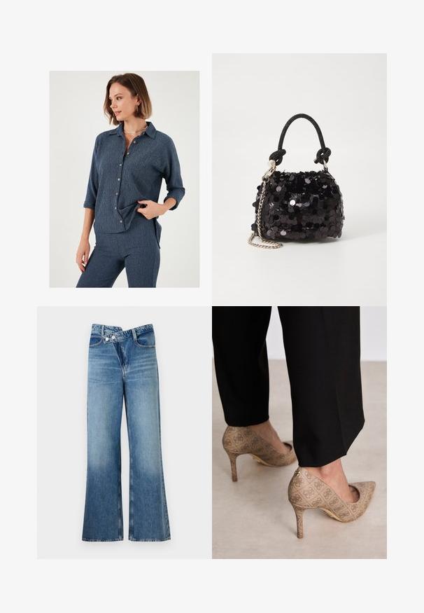 Mornarica srajca s sproščenim krojem, teksturirano tkanino in zavihki na rokavih. Ponaša se s kontrastnimi gumbi in ovratnikom.; Svijetloplave traperice s flared krojem i visokim strukom, koje se zatvaraju s dva gumba i imaju prednje džepove. Tkanina ima izblijedjeli izgled s suptilnim varijacijama.; Bež čevlji na visokem petem z teksturirano tkanino, ki ima ponavljajoč vzorec. Oblika z ostrim nosom z zadaj poudarjenim delom in zlatim podplatom.; Črna mini torbica s palčkami iz bleščic, z vozlanim teksturiranim trakom in srebrnima verigama. Okrogla oblika z nabranim vrhom in odsevnimi detajli.