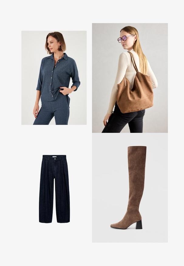 Navy button-up shirt with a relaxed fit, textured fabric, and rolled-up sleeves. Features contrasting buttons and a collar.; Dark denim wide-leg trousers with pleats at the waist, featuring a front button and belt loops. Smooth texture and full-length design.; Brown over-the-knee boots made of soft suede with a pointed toe and a chunky black heel. The design features seamless stitching for a sleek look.; Brown suede tote bag with soft texture, large opening, and long straps. Features a simple design with visible stitching and no hardware.