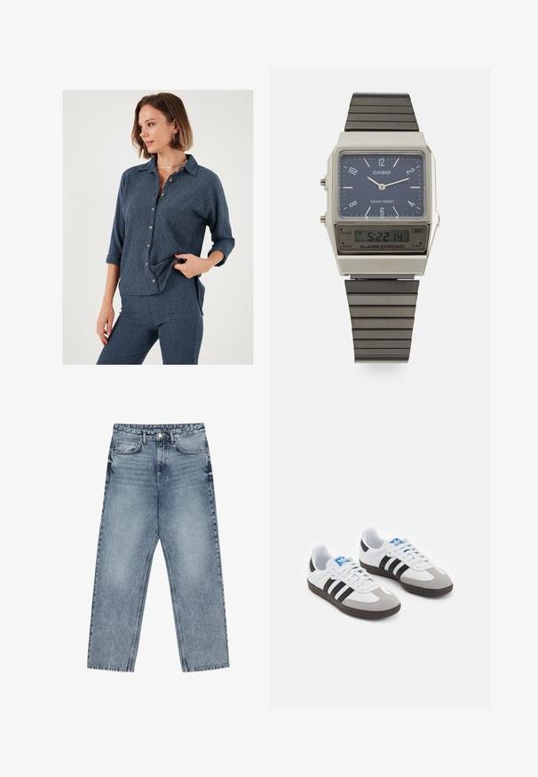 Navy Button-Up-Hemd mit lockerer Passform, strukturiertem Stoff und hochgekrempelten Ärmeln. Verfügt über kontrastierende Knöpfe und einen Kragen.; Hellblaue Jeans aus Denim mit geradem Schnitt, sichtbaren Nähten, fünf Taschen-Design und einem Knopfverschluss an der Taille.; Sportschuhe mit einem Obermaterial aus weißem Leder, grauer Wildleder-Zehenkappe und drei schwarzen Streifen. Sie verfügen über ein blaues Logo auf der Zunge und eine strukturierte Gummisohle.; Casio Digitaluhr mit blauem Zifferblatt, silbernem Gehäuse und geschichtetem schwarzen Gummiband. Zeigt Uhrzeit und Alarm Einstellungen an. Wasserdicht.
