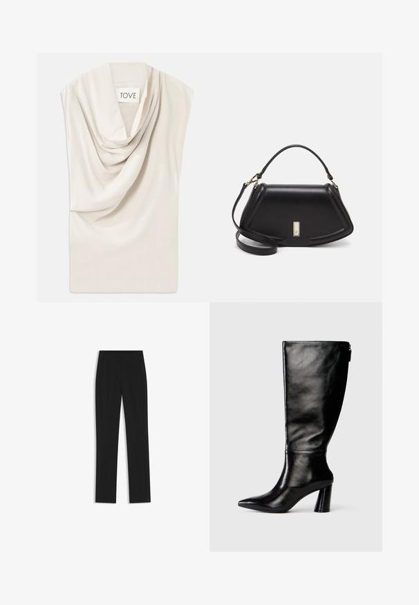 Light beige top with draped neckline, made of soft fabric. Features a subtle sheen and wide, sleeveless design. Label reads "TOVE."; Black tailored trousers with a straight-leg design, featuring front pockets and a smooth, textured fabric. Neat, minimal detailing.; Knee-high black leather boot with a pointed toe, smooth texture, and a chunky heel. Features a zipper detail at the back.; Black leather handbag with a structured design, featuring a cropped shape, top handle, and gold hardware accent. Adjustable shoulder strap included.