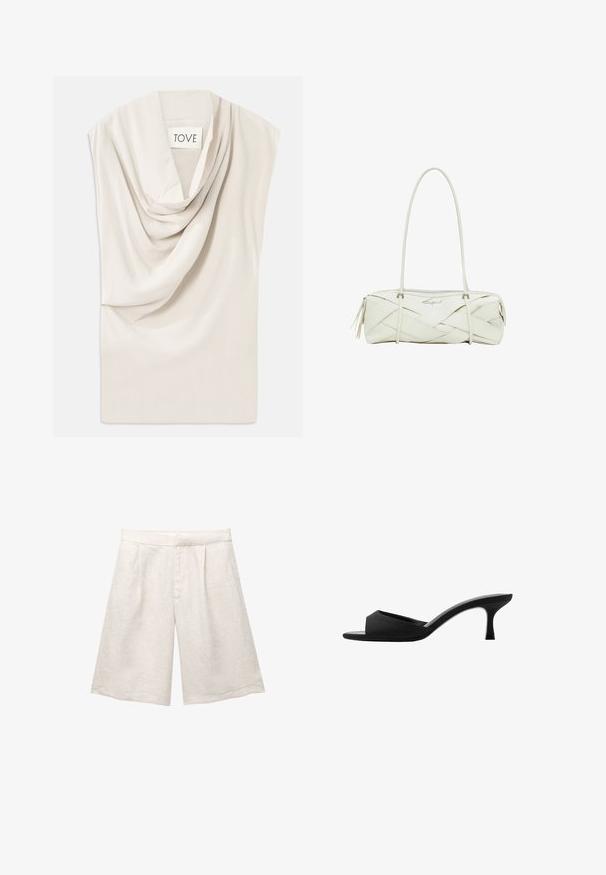 Ljusbeige topp med draperad halsringning, tillverkad av mjukt tyg. Har en subtil glans och bred, ärmlös design. Etiketten säger "TOVE."; Beige linnenbyxor med vida ben, med framveck och en slät midja. Tyget har en något texturerad yta.; Svarta klackade mules med tår med bred öppen tå och en böjd överdel. Tillverkade av strukturerat tyg, med en slank klack och en slät sula.; Vitt läderhandväska med vävd textur, lång axelrem, dragkedjestängning och en dekorativ logotyp. Har tofsdetaljer i ändarna.