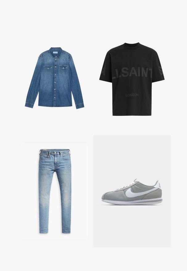 Camisa de denim azul oscuro con mangas largas, cuello clásico, apertura frontal con botones, dos bolsillos en el pecho y costuras de contraste en las costuras.; Camiseta negra de gran tamaño con el texto en gris oscuro "ALLSAINTS" en el pecho y "LONDON" en letras más pequeñas debajo.; Jeans ajustados de color azul claro con un ligero desgaste en los muslos, cierre frontal con botón, trabillas para cinturón y estilo de cinco bolsillos sobre un fondo blanco.; Zapatilla deportiva gris con parte superior de ante y textil, swoosh blanco de Nike y cordones blancos. Presenta una suela de goma texturizada y un collar acolchado.