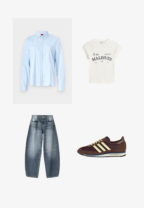 Ljusblå skjorta med knappar och vita lodräta ränder, klassisk krage, långa ärmar och en liten broderad logga på bröstet.; Vit bomulls t-shirt med korta raglanärmar. Har en grafisk tryck "MALDIVES" i mörkgrått, tillsammans med logotyper och datumen 2008 och 2014.; Vidjeans i ljusblå denim med blekningar, som har en femficksdesign, knappgylf och minimala sömnadsdetaljer.; Bruna och burgundy sneakers i mocka och mesh-material, med tre krämfärgade ränder, textil på tungan och en gummisula.