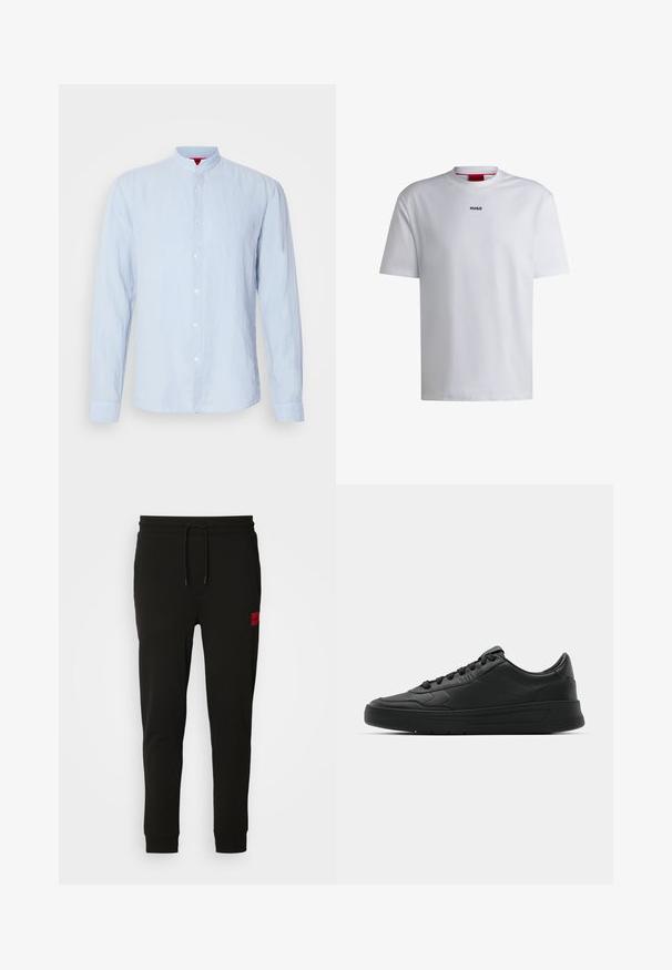 Himmelblaues Langarmhemd mit Stehkragen, aus strukturiertem Stoff, mit vorderem Knopfverschluss und geknöpften Manschetten.; Weißes Baumwoll-T-Shirt mit kurzen Ärmeln, rundem Halsausschnitt und einem schwarzen "HUGO"-Logo auf der Brust. Glatte Textur, lässige Passform, kein Muster.; Schwarze Sweatpants aus weichem Stoff, mit einem Kordelzugbund, schmaler Passform und einem rotenLOGO-Patch am linken Oberschenkel.; Schwarze Sneaker mit glattem Lederobermaterial, runder Zehenpartie, flachen Schnürsenkeln, gepolstertem Kragen und minimalistischem Design. Gummisohle mit subtiler Profilierung.