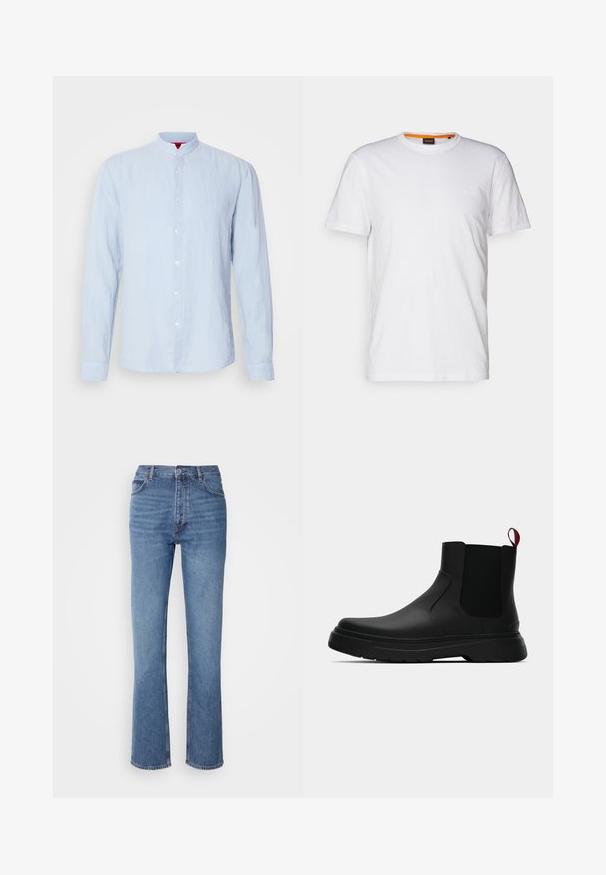 Šviesiai mėlynas ilgomis rankovėmis marškinis su stovinčia apykakle, pagamintas iš tekstūruoto audinio, su priekiniais mygtukais ir mygtukais rankovių gale.; Balta medvilnė marškinėliai su apvalia iškirpte, trumpomis rankovėmis ir subtiliu iškilniu logotipu ant krūtinės. Viduje esantis etiketas turi oranžinį akcentą.; Mėlyni džinsai su aukštu liemeniu, tiesaus kirpimo dizainu ir subtiliu išblukimu. Turi klasikinį penkių kišenių stilių ir užtrauktuko uždarymą.; Juodas kulkšninis batas su lygiu paviršiumi, elastiniais šonų intarpais ir kontrastingu raudonu kilimėliu, turintis storą guminį pado ir apvalią nosį.