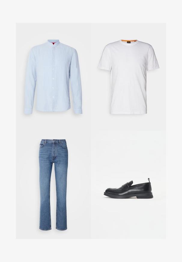 Camicia azzurra a maniche lunghe con colletto dritto, realizzata in tessuto testurizzato, con chiusura frontale a bottoni e polsini con bottone.; T-shirt bianco in cotone con collo rotondo, maniche corte e un logo a rilievo discreto sul petto. L'etichetta interna ha un accento arancione.; Jeans in denim blu con vita alta, design a gamba dritta e leggera sbiaditura. Presentano il classico stile a cinque tasche e chiusura con zip.; Mocassini in pelle nera con punta arrotondata, dettaglio della fascia frontale e suola in gomma bassa. Presentano cuciture sottili e un'apertura sul tallone.