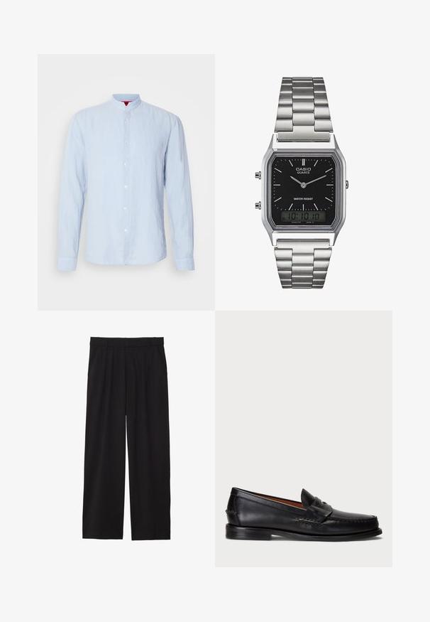 Vaaleansininen pitkähihaine paita, jossa on pystykaulus, valmistettu teksturoidusta kankaasta, esittelee edessä napitusta ja napitetut hihansuut.; Mustat väljät housut, joissa on laskostettu etuosa, sivutaskut ja sileä kankaan rakenne. Suunniteltu rentoa istuvuutta varten.; Musta nahkainen loaferi pyöristetyn varpaankärjen, ommellun yksityiskohdan ja koristeellisten hihnojen kanssa edessä. Tasapohja, jossa minimaalinen profiili.; Vesipitävä musta neliskulmainen quartz-kello, jossa on hopeanvärinen ruostumaton teräsranneke, analogiset viisarit ja digitaalinen näyttö.