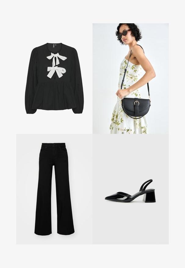 Top preto com um design plissado, apresentando mangas bufantes longas e dois laços brancos no decote. Tecido suave e detalhe de abertura na frente.; Calças largas pretas em denim, com uma cintura estruturada, passantes para cinto e bolsos frontais. Textura suave com um design clássico.; Sandy em verniz preto com salto slingback, ponta afilada e salto geométrico. Apresenta um design elegante e minimalista com textura suave.; Bolsa de couro preta com forma curva, alça destacável e detalhes em dourado. A bolsa possui uma aba com detalhe de fivela.